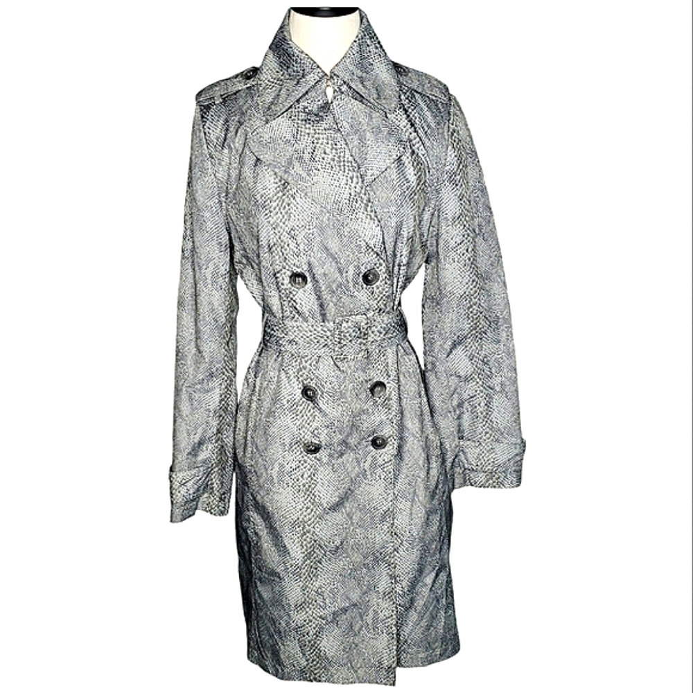 Vtg Snake Print Y2K 80's Trench Coat Rain Double Breast Mod Animal Spy Grunge  S